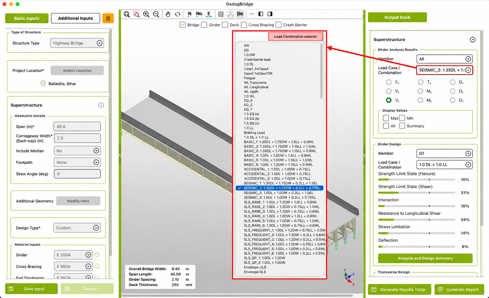 Load Combination selector showing the different load-combination categories